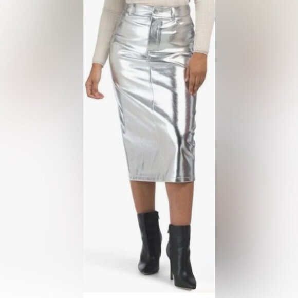 7 For All Mankind Silver Vegan Leather Midi Skirt New Tags Metallic Large 12 14 - Picture 4 of 5